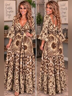 Karma Highway Boho Mixed Print Maxi Dress OS Tiered Brown Cream Gold Metallic